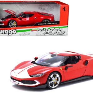 Ferrari 296 GTB Assetto Fiorano Red with White Stripes "Race + Play" Series 1/18 Diecast Model Car by Bburago