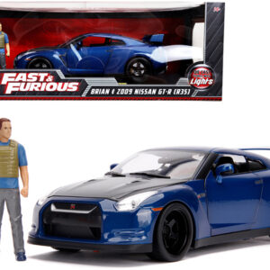 2009 Nissan GT-R (R35) Blue Metallic and Carbon with Lights and Brian Figurine "Fast & Furious" Movie 1/18 Diecast Model Car by Jada