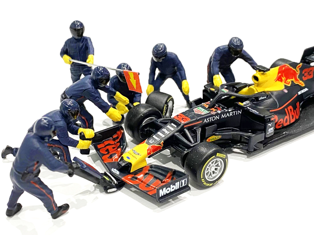 Formula One F1 Pit Crew 7 Figurine Set Team Blue for 1/43 Scale Models by American Diorama - Image 2