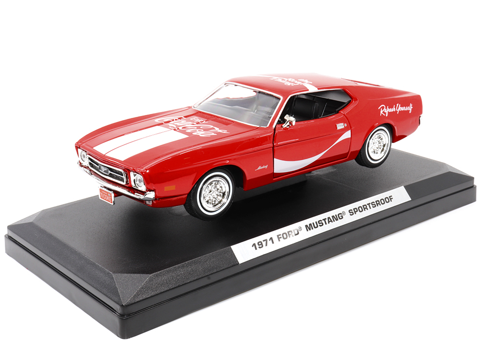 1971 Ford Mustang Sportsroof Red with White Stripes "Refresh Yourself - Coca-Cola" 1/24 Diecast Model Car by Motor City Classics - Image 4