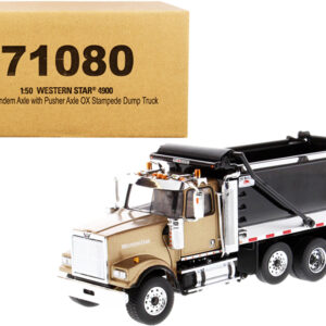 Western Star 4900 SFFA Tandem with Pusher Axle OX Stampede Dump Truck Gold and Black "Transport Series" 1/50 Diecast Model by Diecast Masters