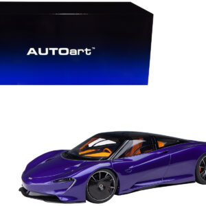 McLaren Speedtail Lantana Purple Metallic with Black Top and Yellow Interior and Suitcase Accessories 1/18 Model Car by Autoart