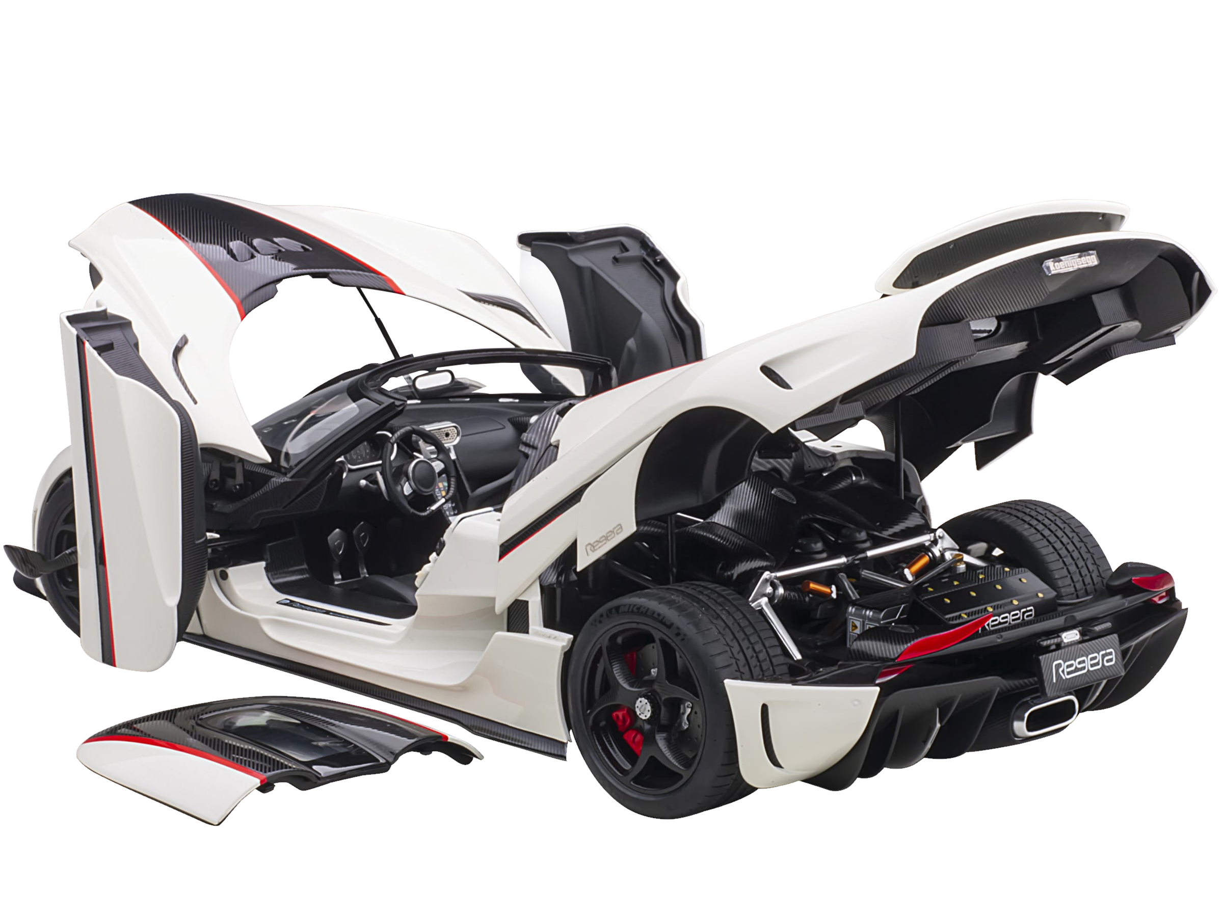 Koenigsegg Regera White with Black Carbon and Red Stripes 1/18 Model Car by Autoart - Image 2