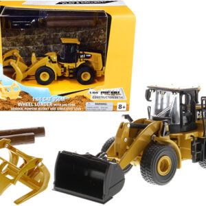 CAT Caterpillar 950M Wheel Loader with Bucket and Log Fork with Two Log Poles "Play & Collect!" 1/64 Diecast Model by Diecast Masters