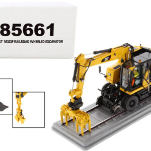 CAT Caterpillar M323F Railroad Wheeled Excavator with Operator and 3 Work Tools Safety Yellow Version "High Line Series" 1/50 Diecast Model by Diecast Masters