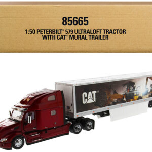 Peterbilt 579 UltraLoft Truck Tractor Red with "CAT Caterpillar" Mural Dry Van Trailer "Transport Series" 1/50 Diecast Model by Diecast Masters