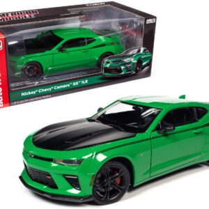 2017 Chevrolet Nickey Camaro SS 1LE Krypton Green with Matt Black Hood and Black Stripes 1/18 Diecast Model Car by Auto World