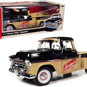1957 Chevrolet 3100 Stepside Pickup Truck Black and Tan with Graphics "Leinenkugle's Beer The Pride of Chippewa Falls" 1/18 Diecast Model by Auto World
