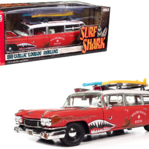 1959 Cadillac Eldorado Ambulance Red with White Top "Malibu Beach Rescue" (Weathered) with Surfboards on Roof "Surf Shark" 1/18 Diecast Model Car by Auto World