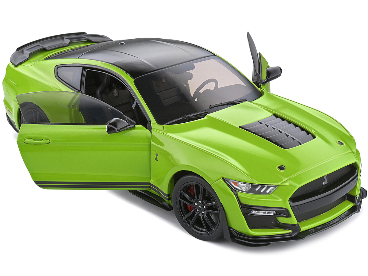 2020 Ford Mustang Shelby GT500 Grabber Lime Green Metallic with Black Top and Stripes 1/18 Diecast Model Car by Solido - Image 2