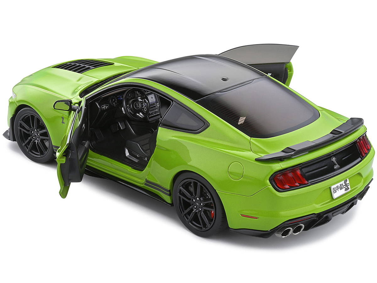 2020 Ford Mustang Shelby GT500 Grabber Lime Green Metallic with Black Top and Stripes 1/18 Diecast Model Car by Solido - Image 4