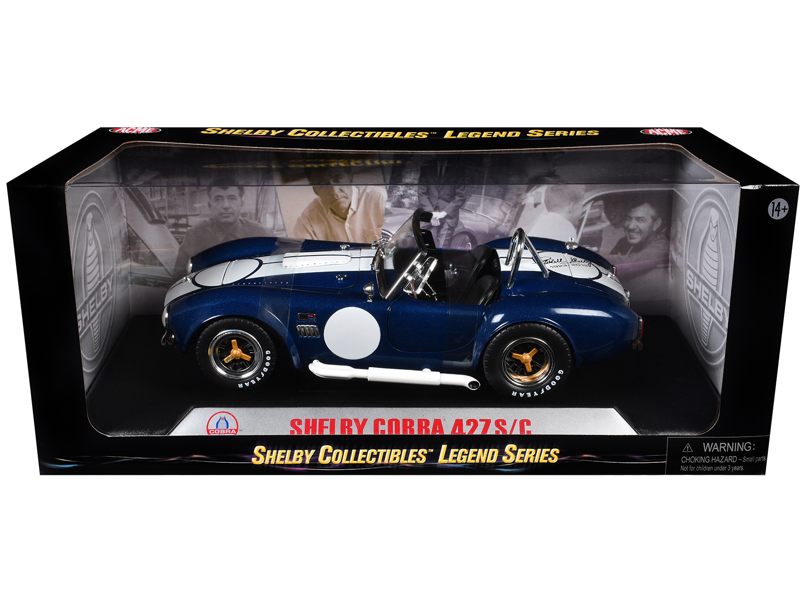 1965 Shelby Cobra 427 S/C Dark Blue Metallic with White Stripes with Printed Carroll Shelby's Signature on the Trunk 1/18 Diecast Model Car by Shelby Collectibles - Image 3