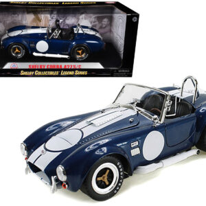 1965 Shelby Cobra 427 S/C Dark Blue Metallic with White Stripes with Printed Carroll Shelby's Signature on the Trunk 1/18 Diecast Model Car by Shelby Collectibles