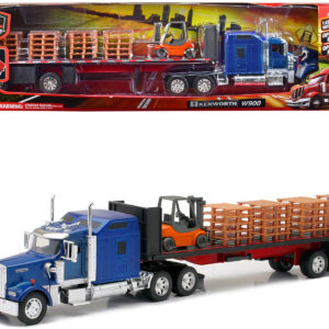 Kenworth W900 Truck with Flatbed Trailer Blue with Forklift and Pallets "Long Haul Truckers" Series 1/32 Diecast Model by New Ray