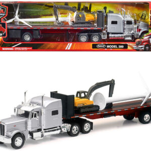 Peterbilt 389 Truck with Flatbed Trailer Silver Metallic with Excavator and Wind Turbine "Long Haul Truckers" Series 1/32 Diecast Model by New Ray
