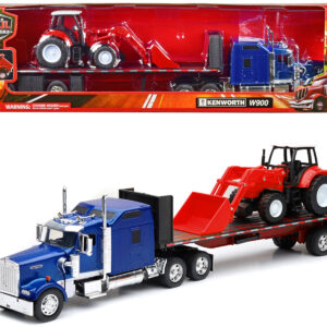 Kenworth W900 Truck with Flatbed Trailer Blue Metallic with Farm Tractor Red "Long Haul Truckers" Series 1/32 Diecast Model by New Ray