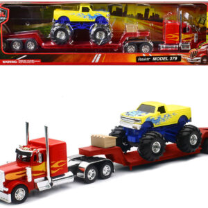 Peterbilt 379 Truck with Lowboy Trailer Red with Orange Flames and Monster Truck Yellow with Blue Flames "Long Haul Truckers" Series 1/32 Diecast Model by New Ray