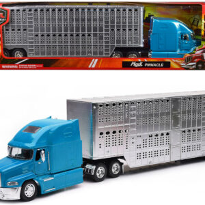 Mack Pinnacle Truck with Pot Belly Livestock Trailer Blue and Chrome "Long Haul Truckers" Series 1/32 Diecast Model by New Ray