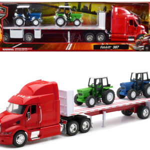 Peterbilt 387 Flatbed Truck Red with 2 Farm Tractors Blue and Green "Long Haul Trucker" Series 1/32 Diecast Model by New Ray