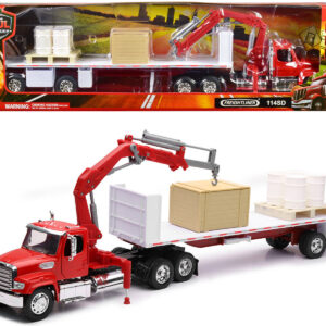 Freightliner 114SD Flatbed Truck with Crane Red with Accessories "Long Haul Trucker" Series 1/32 Diecast Model by New Ray