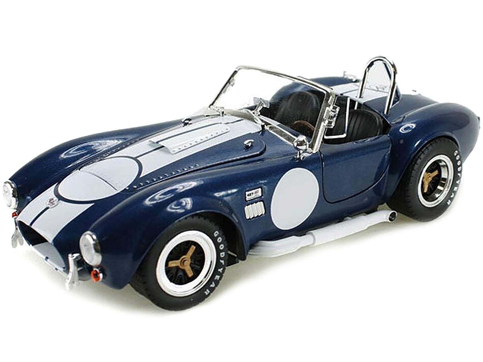1965 Shelby Cobra 427 S/C Dark Blue Metallic with White Stripes with Printed Carroll Shelby's Signature on the Trunk 1/18 Diecast Model Car by Shelby Collectibles - Image 2
