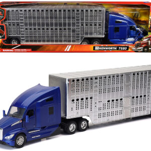 Kenworth T680 Truck Blue Metallic with Livestock Trailer Chrome "Long Haul Trucker" Series 1/32 Diecast Model by New Ray