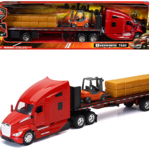 Kenworth T680 Truck Red and Flatbed Trailer with Forklift and Hay Load "Long Haul Trucker" Series 1/32 Diecast Model by New Ray