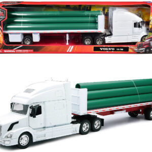 Volvo VN-780 Truck with Flatbed Trailer and Long Pipes White "Long Haul Truckers" Series 1/32 Diecast Model by New Ray