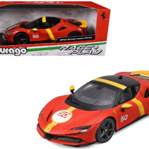 Ferrari SF90 Stradale Assetto Fiorano #50 Red with Black Top and Yellow Stripes "Race + Play" Series 1/18 Diecast Model Car by Bburago