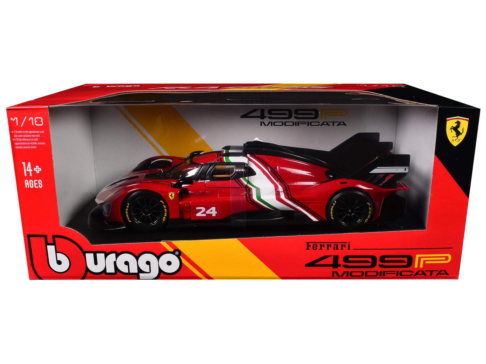 Ferrari 499P Modificata #24 Red with Italian Flag Stripes "Racing" Series 1/18 Diecast Model Car by Bburago - Image 3