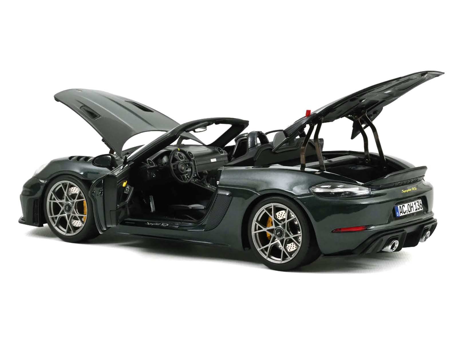 2023 Porsche 718 Spyder RS Weissach Pack Forest Green Metallic with Carbon Hood Stripes 1/18 Diecast Model Car by Norev - Image 2