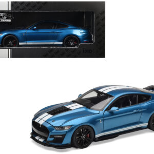 2022 Ford Mustang Shelby GT500 Blue Metallic with White Stripes 1/18 Diecast Model Car by IXO Models