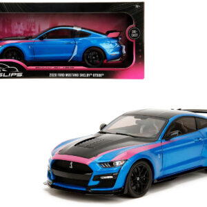 Ford Mustang Shelby GT500 Blue Metallic with Pink Stripes and Black Hood and Top "Pink Slips" Series 1/18 Diecast Model Car by Jada