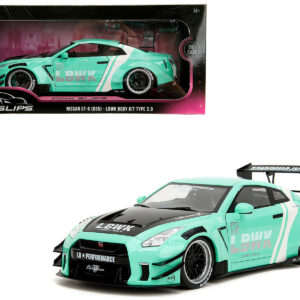 Nissan GT-R (R35) Liberty Walk Body Kit 2.0 RHD (Right Hand Drive) Light Blue with Black Hood and White Stripes "Pink Slips" Series 1/18 Diecast Model Car by Jada
