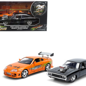 Dom's 1970 Dodge Charger R/T Black and Brian's Toyota Supra Orange with Graphics Set of 2 Cars "Fast & Furious 25th Anniversary" "Fast & Furious" Series 1/24 Diecast Model Cars by Jada