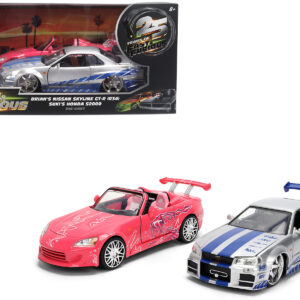 Brian's Nissan Skyline GT-R (R34) Silver Metallic with Blue Stripes and Suki's Honda S2000 Pink with Graphics Set of 2 Cars "Fast & Furious 25th Anniversary" "Fast & Furious" Series 1/24 Diecast Model Cars by Jada