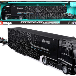 Mercedes-Benz Actros Gigaspace Car Transporter Black and Mercedes-AMG F1 W15 E Performance #63 George Russell "Petronas" Formula One F1 World Championship (2024) "Racing Hauler" Series 1/43 Diecast Model Car by Bburago
