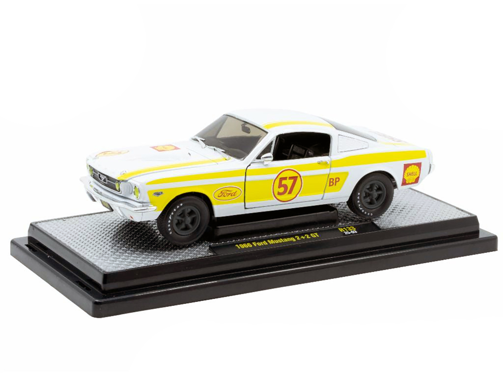 1966 Ford Mustang 2+2 GT #57 "Shell Oil" White with Yellow Stripes Limited Edition to 5650 pieces Worldwide 1/24 Diecast Model Car by M2 Machines - Image 2