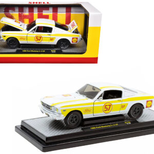 1966 Ford Mustang 2+2 GT #57 "Shell Oil" White with Yellow Stripes Limited Edition to 5650 pieces Worldwide 1/24 Diecast Model Car by M2 Machines