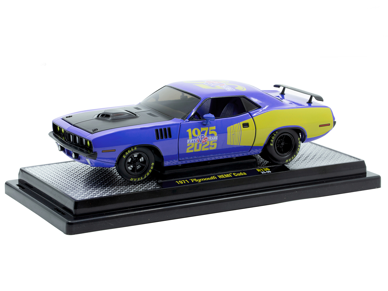 1971 Plymouth Hemi Cuda "VP Racing 50 Years" Blue with Yellow Sides Limited Edition to 8650 pieces Worldwide 1/24 Diecast Model Car by M2 Machines - Image 2