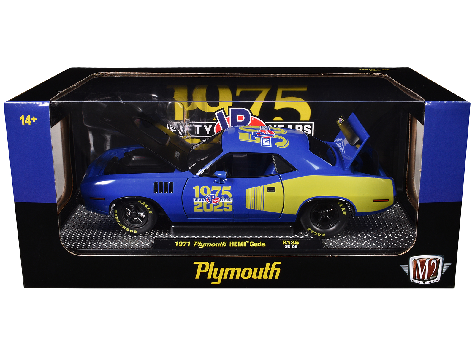 1971 Plymouth Hemi Cuda "VP Racing 50 Years" Blue with Yellow Sides Limited Edition to 8650 pieces Worldwide 1/24 Diecast Model Car by M2 Machines - Image 3
