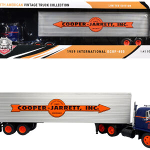 1959 International DCOF-405 Truck with Box Trailer "Cooper Jarrett Inc." Dark Blue with Orange Stripes "North American Vintage Truck Collection" 1/43 Diecast Model by Iconic Replicas