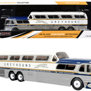 GM PD-4501 Scenicruiser Coach Bus "Greyhound Bus Lines - 50th Anniversary" Raw Metal with Blue and White Top and Gold Stripes "The Bus & Motorcoach Collection" 1/43 Plastic Model by Iconic Replicas