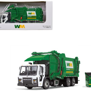 Mack LR Garbage Truck with McNeilus Meridian Front Load Refuse Body White and Green with Refuse Bin "Waste Management" 1/64 Diecast Model by First Gear