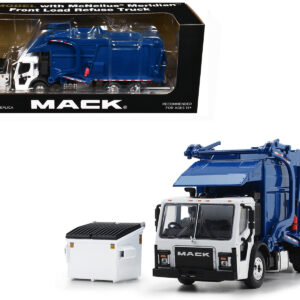 Mack LR Refuse Garbage Truck with McNeilus Meridian Front Loader White and Blue with Trash Bin 1/64 Diecast Model by DCP/First Gear