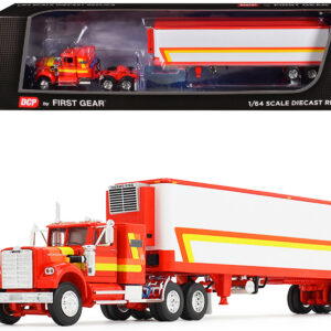 White Western Star 4900 with 36" Vintage Flat Top Sleeper and Wilson 40' Vintage Refridgerated Trailer Red and White with Stripes 1/64 Diecast Model by DCP/First Gear