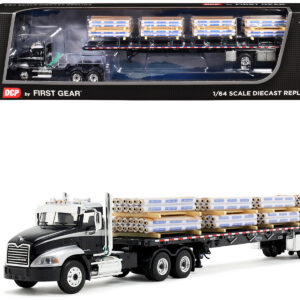 Mack Pinnacle Day Cab with Minimizer Parts & 53' Wilson Roadbrute Flatbed Trailer with "Carlisle Roofing" Loaded Pallets Black with Silver Top and Stripes 1/64 Diecast Model by DCP/First Gear
