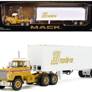 Mack R-Model Day Cab and 40' Vintage Trailer Yellow with Red Stripes and White Top "Mack Anniversary" 1/64 Diecast Model by DCP/First Gear