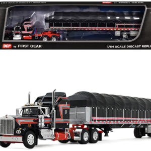 Kenworth W900A with 60" Aerodyne Sleeper and 53â€™ Wilson Roadbrute Flatbed Trailer with Covered Wagon Black with Red Stripes 1/64 Diecast Model by DCP/First Gear