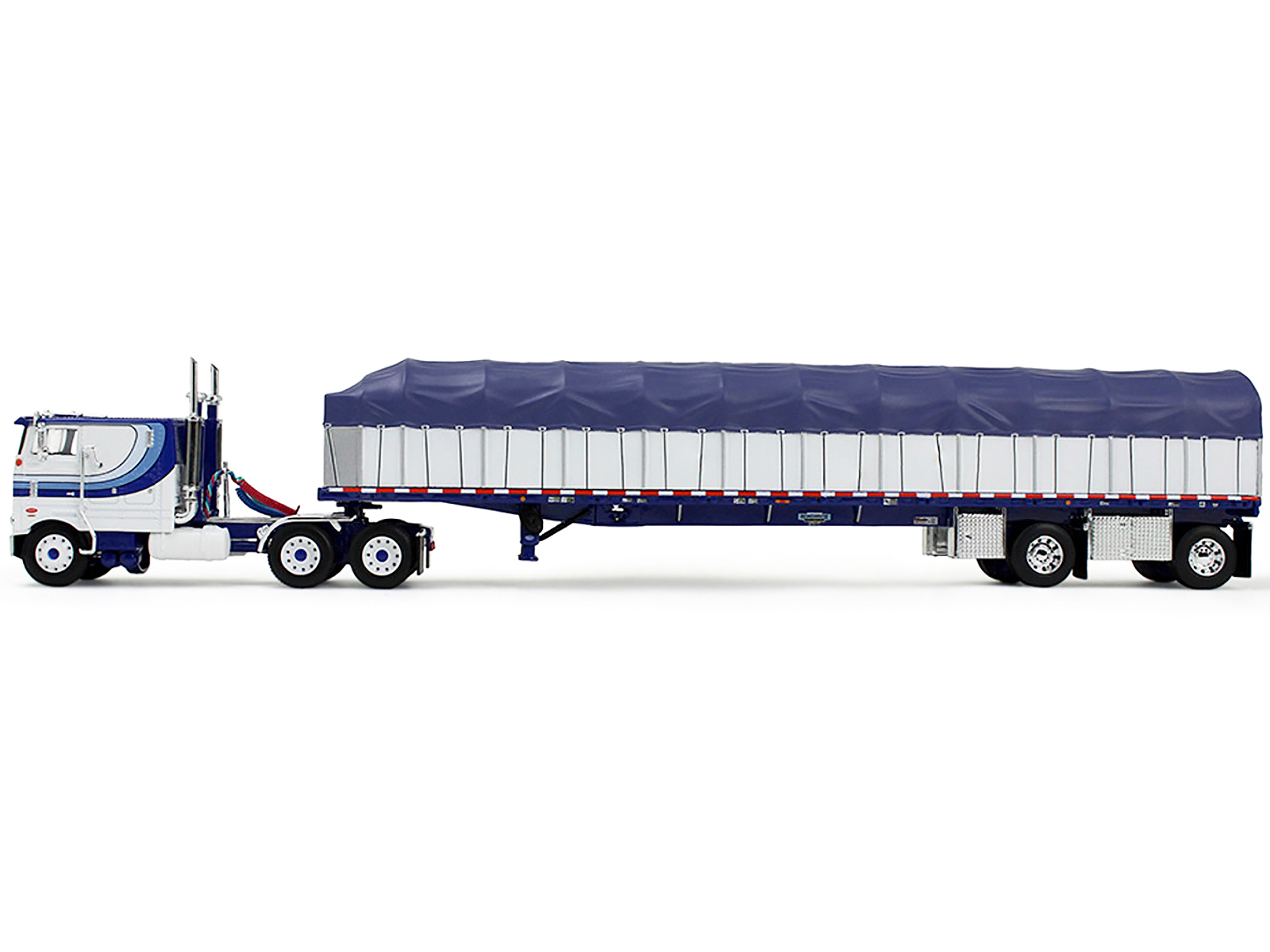Peterbilt 352 COE 110" Sleeper and 53’ Wilson Roadbrute Flatbed Trailer with Covered Wagon White with Blue Stripes 1/64 Diecast Model by DCP/First Gear - Image 3